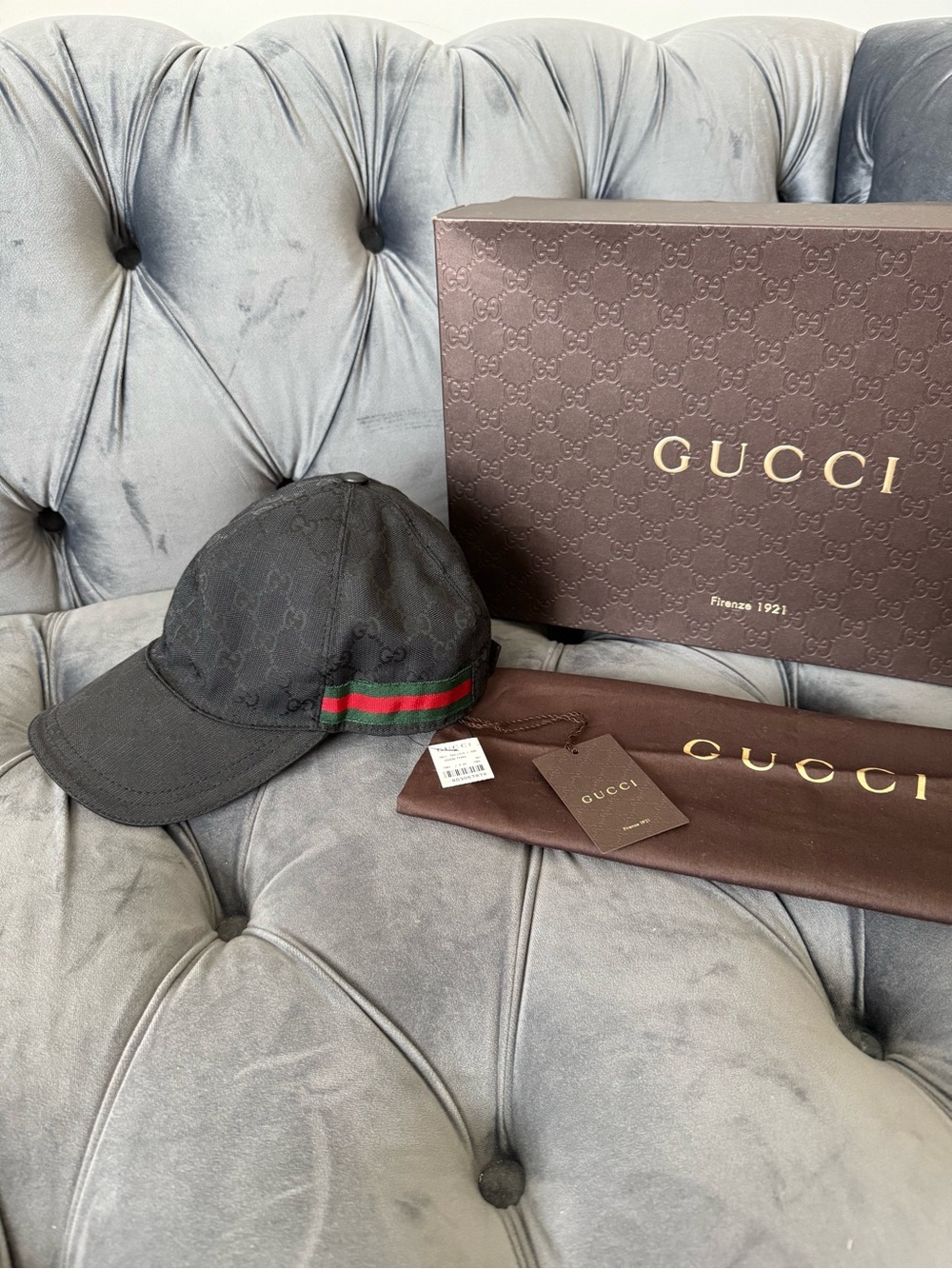 Gucci GG Monogram Canvas Baseball Cap Black Web Stripe Size S NWT w/ Box